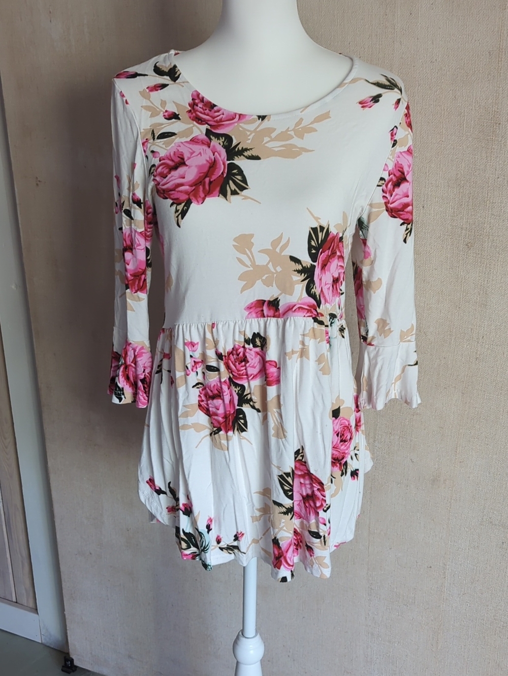 iGenjun Women's White Tunic Top with Pink Rose Print